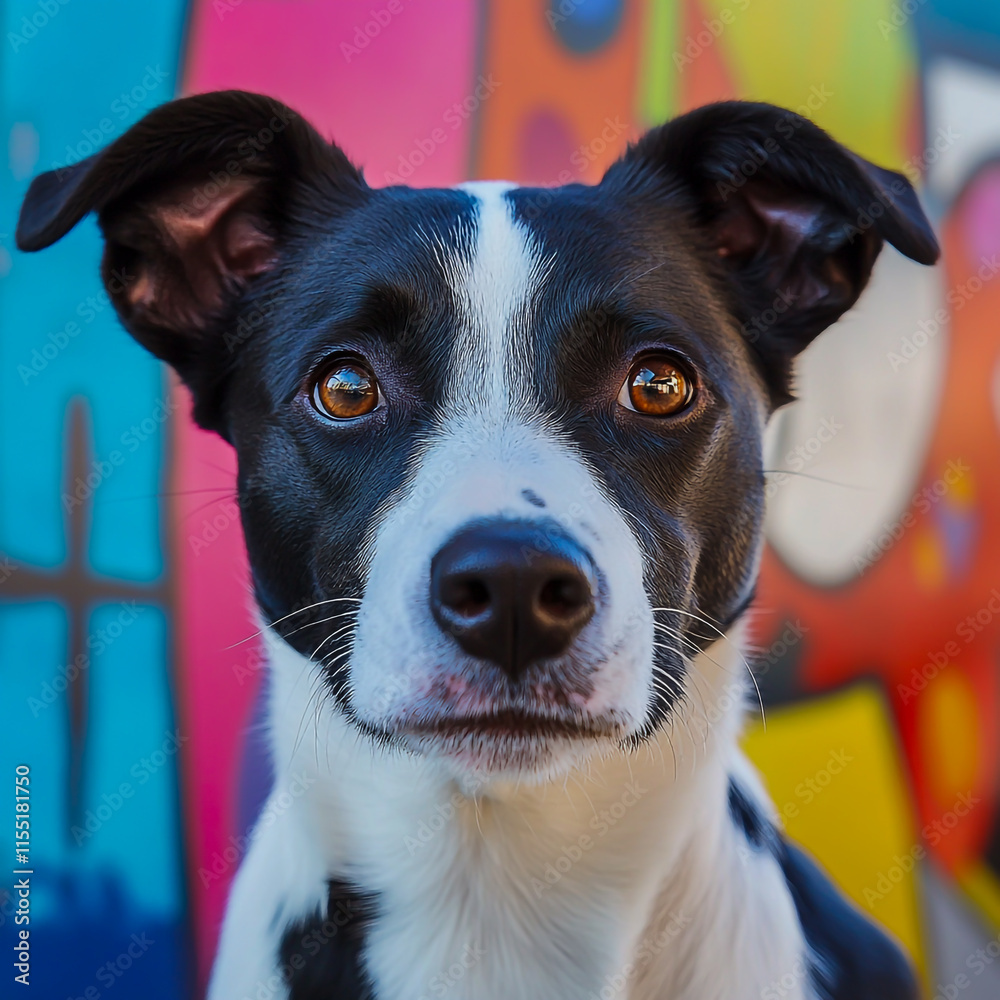 A close-up of a black and white dog with a curious expression in a colorful outdoor setting. A close-up of a black and white dog with a curious expression in a colorful outdoor setting.