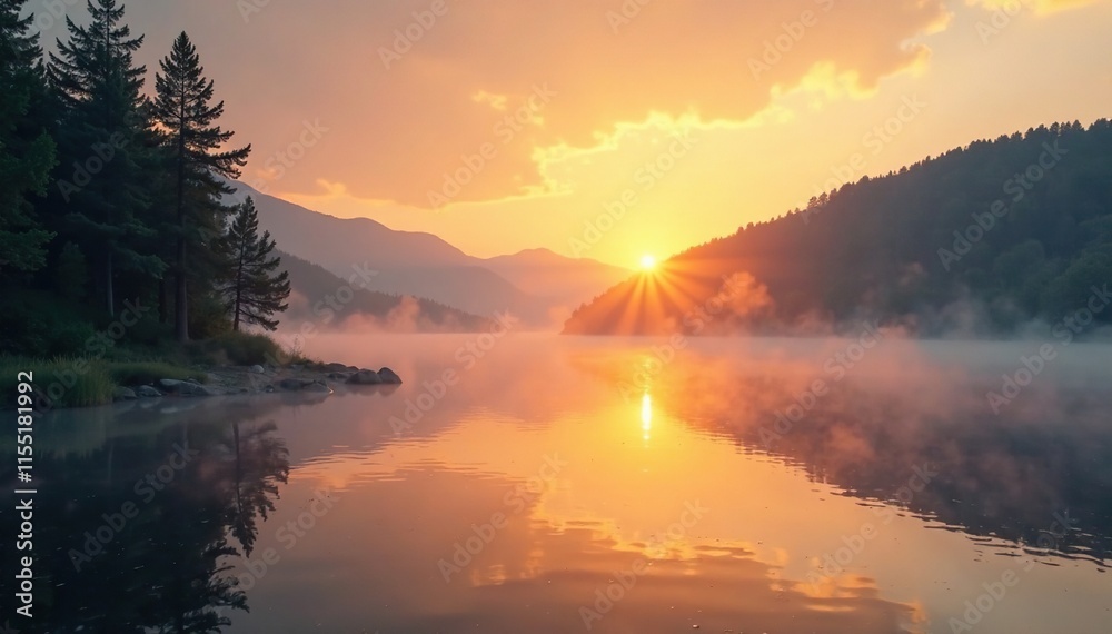 Fototapeta premium A golden glow rises above the lake's misty veil, water, morning, mist
