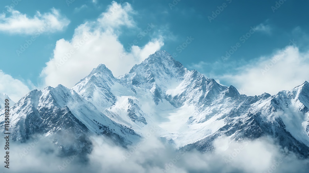 Majestic snow capped mountain peak in clouds Majestic snow capped mountain peak in clouds