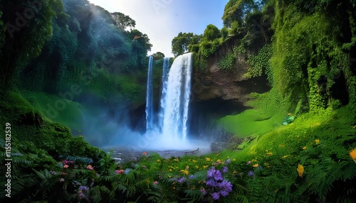 A Towering Waterfall with Rainbow-Colored Mist Rising from Its Base, Surrounded by Lush Greenery