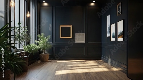 Modern art gallery with empty frames on dark walls and wooden floor
