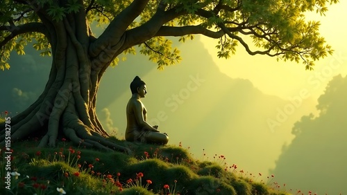 
Buddha meditating under the Bodhi tree, symbolizing enlightenment and inner peace in Buddhism. For Bodhi Day celebrations and spiritual reflection