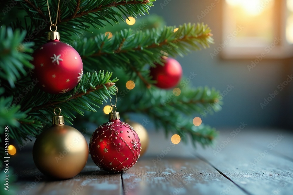 Naklejka premium A group of small glass Christmas balls scattered around a branch on the tree, joyful, fir