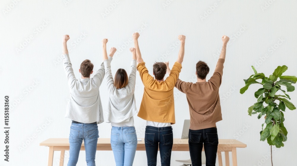 A group of four people celebrating with raised arms, standing in front of a table and a plant, conveying joy and teamwork. A group of four people celebrating with raised arms, standing in front of a table and a plant, conveying joy and teamwork.