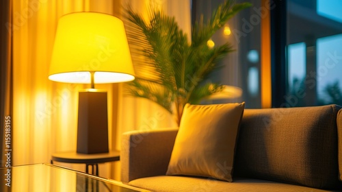 Cozy living room at dusk with lamp, sofa, and plant.