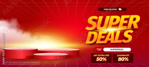 Super day Sale discount deals Editable text vibrant red gradient Simple Exclusive Showcase Podium Horizontal banner