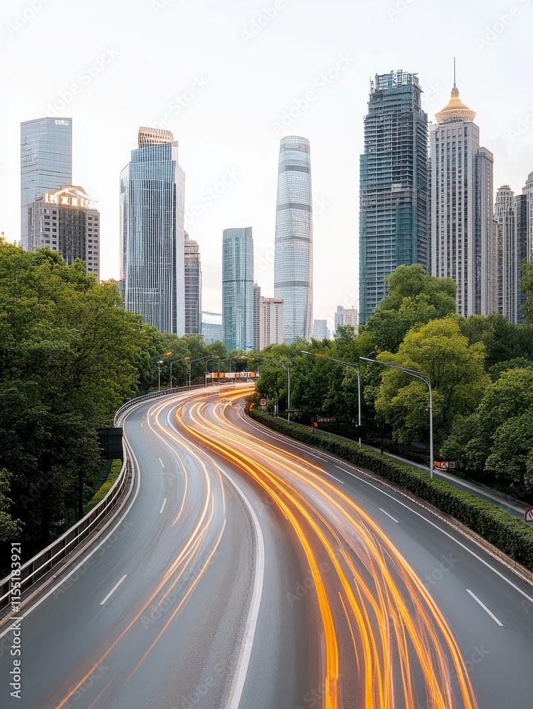 A vibrant cityscape with modern skyscrapers and a winding road, showcasing dynamic urban life and movement. A vibrant cityscape with modern skyscrapers and a winding road, showcasing dynamic urban life and movement.