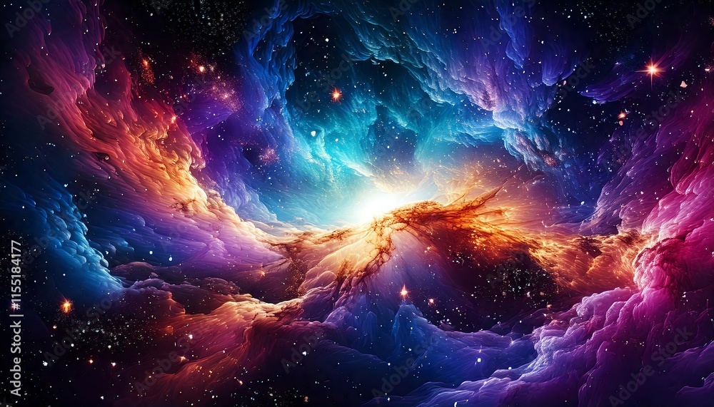 Fototapeta premium A Vibrant Nebula Bursting with Violet, Gold, and Teal Colors, with Swirling Gas Clouds