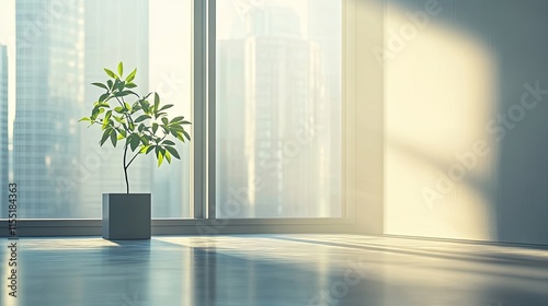 Modern empty room with city view and a plant in sunlight