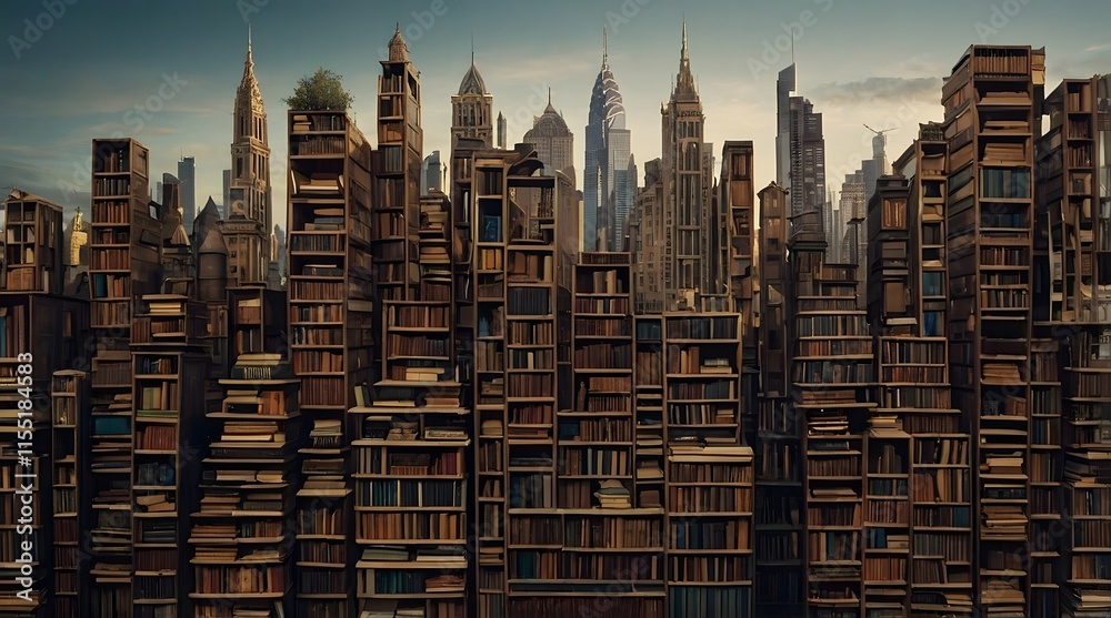 A cityscape made entirely of books, with towering skyscrapers formed by book spines, creating a unique blend of architecture and literature in a surreal urban library setting A cityscape made entirely of books, with towering skyscrapers formed by book spines, creating a unique blend of architecture and literature in a surreal urban library setting