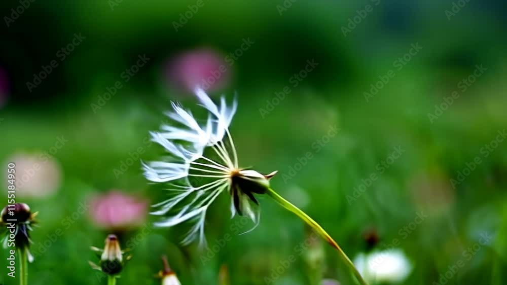 Dandelion seed head on blurred green background creating a soft and natural atmosphere