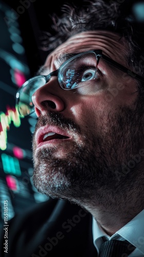 Stressed stockbroker watching declining values on multiple screens