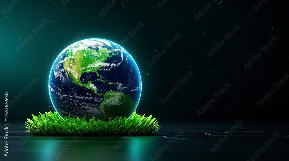 A photostock of a vibrant Earth glowing in deep blue and green tones, surrounded by dynamic futuristic digital elements, symbolizing technology and ecology. High Quality A photostock of a vibrant Earth glowing in deep blue and green tones, surrounded by dynamic futuristic digital elements, symbolizing technology and ecology. High Quality
