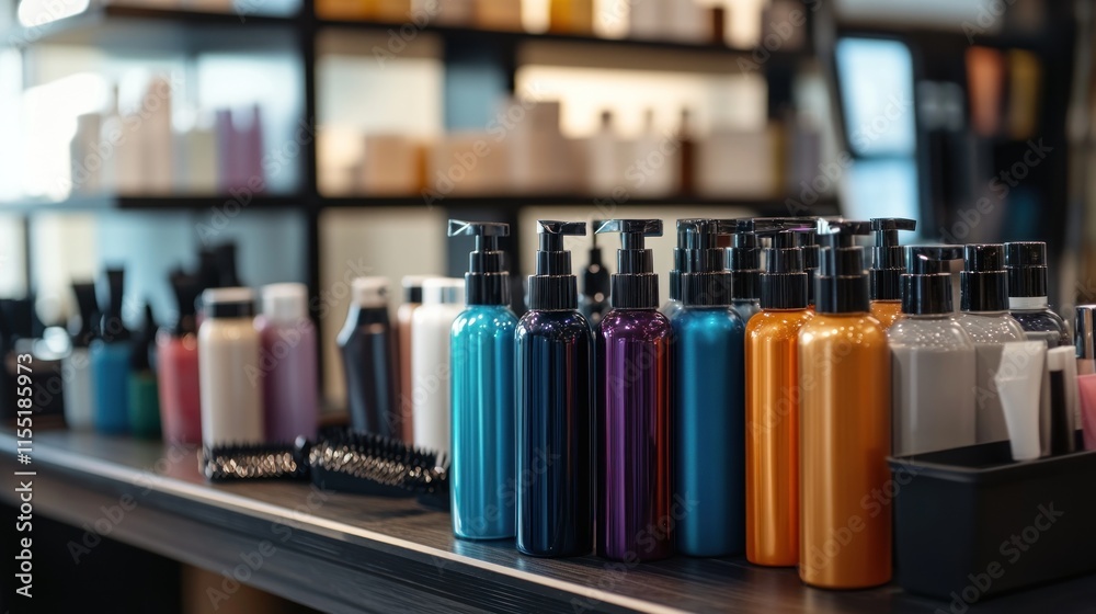 Colorful cosmetic bottles on a shelf in a store. Colorful cosmetic bottles on a shelf in a store.