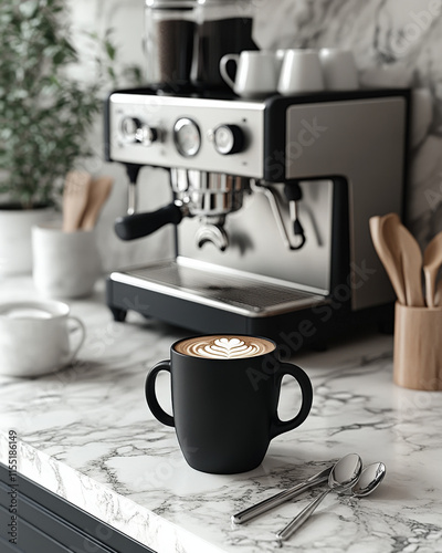 Modern black mug on marble countertop with coffee maker