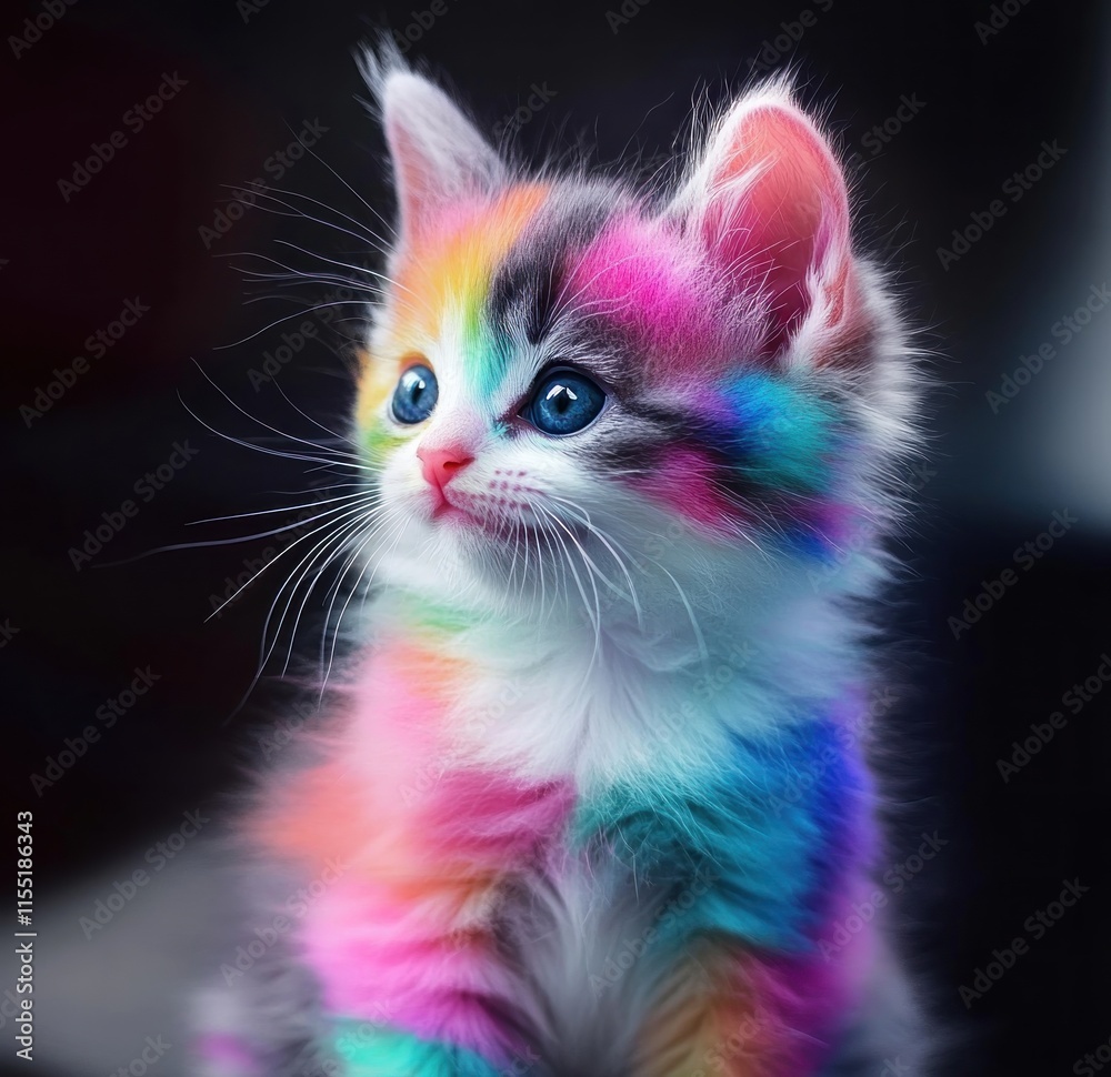 Fototapeta premium Adorable rainbow kitten with vibrant fur, blue eyes, looking up.