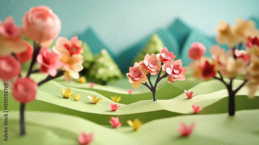 Obraz premium Papercraft spring landscape with blossoming trees and flowers on rolling hills.