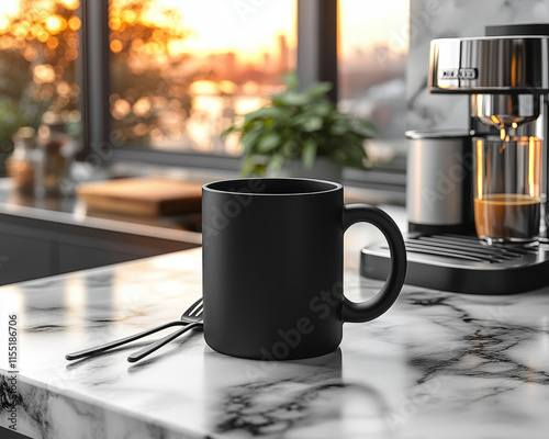 Modern black mug on marble countertop with coffee maker