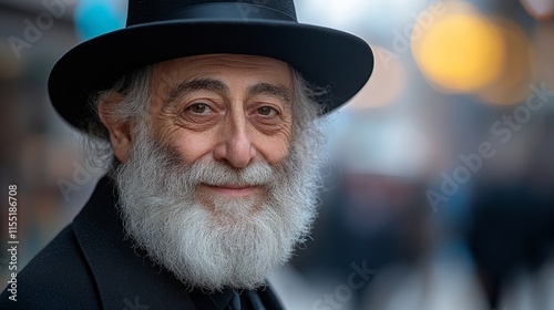 Senior rabbi wearing black hat and smiling in the city