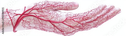 A creative representation of a hand with intricate red vascular patterns, symbolizing the complexity of the circulatory system.