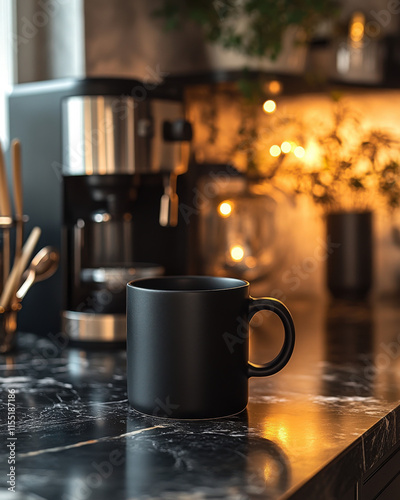 Modern black mug on marble countertop with coffee maker