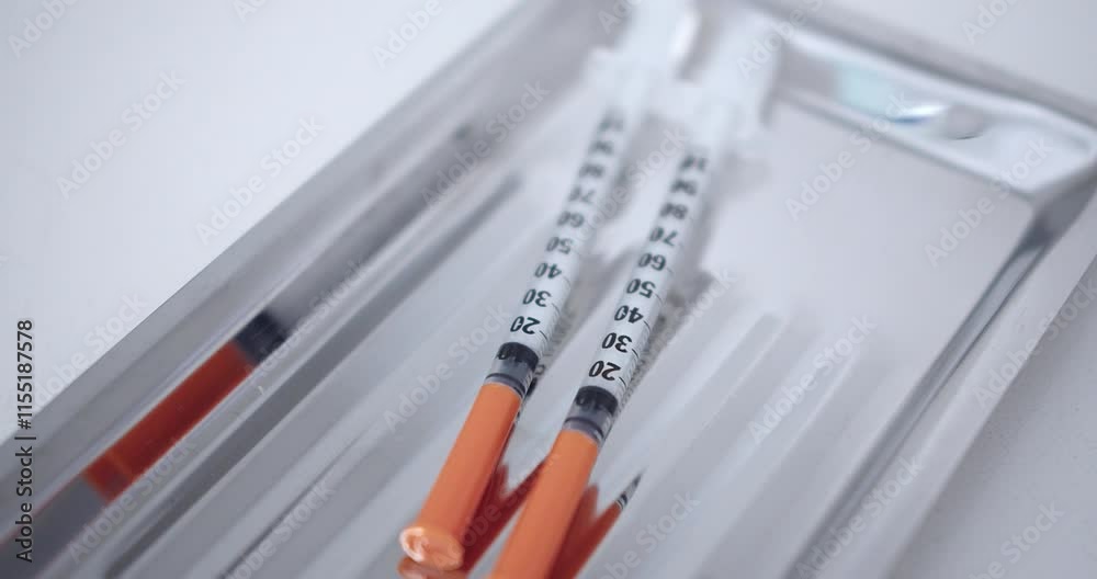 Amazing slow motion shot of Botox injection syringes in a dermatological clinic