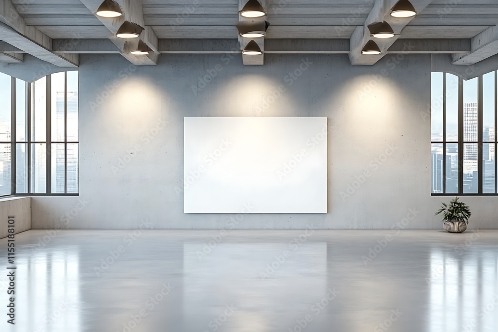 Bright and Airy Art Gallery Interior with Large Empty Frame Mockup
