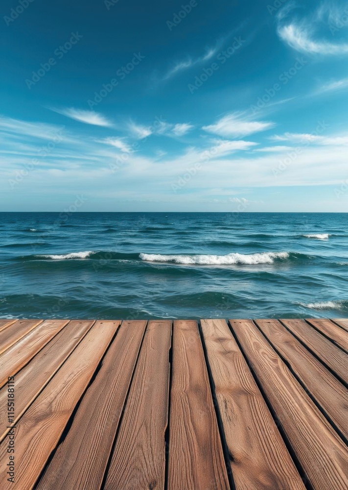 Wooden deck overlooking ocean, calm sea waves, vibrant turquoise water, bright blue sky, wispy cirrus clouds, serene seascape, warm sunlight, coastal atmosphere, peaceful horizon, summer beach scene, Wooden deck overlooking ocean, calm sea waves, vibrant turquoise water, bright blue sky, wispy cirrus clouds, serene seascape, warm sunlight, coastal atmosphere, peaceful horizon, summer beach scene,