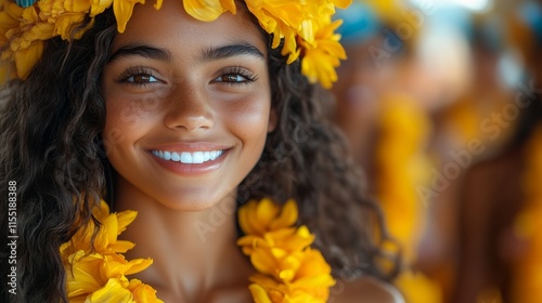 Polynesian woman smiling with yellow flower crown and necklace