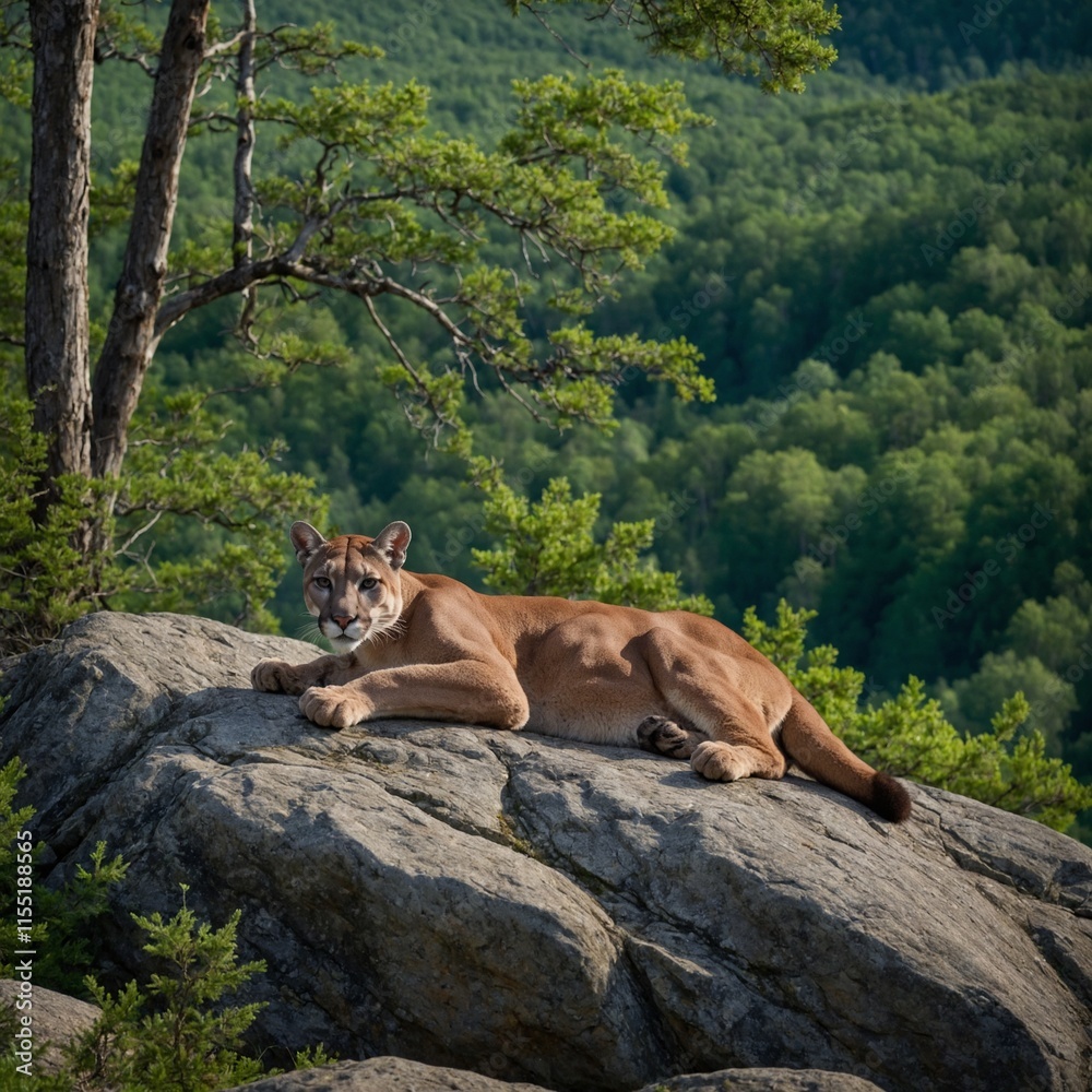 Fototapeta premium A cougar lying on a rocky outcrop overlooking a sprawling green forest.