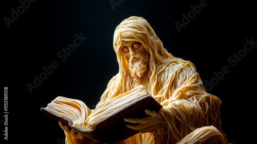 Flying spaghetti monster in form of a human saint reading a book made of pasta. Black background