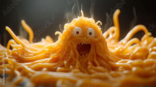 Shouting flying spaghetti monster emerging from pasta photo