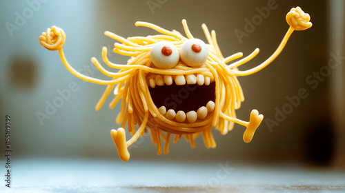 Cheerful flying spaghetti monster with googly eyes, symbol of pastafarian religion, atheism
