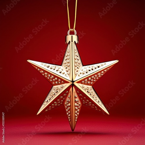 A photostock of an intricately detailed golden star ornament, glowing against a rich red background, exuding elegance and holiday warmth. High Quality