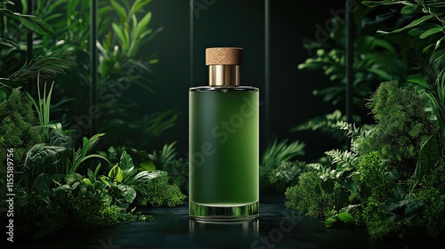 Vibrant Green Liquid in Elegant Bottle Surrounded by Lush Greenery and Tropical Plants Evoking a Refreshing and Natural Organic Essence in Nature