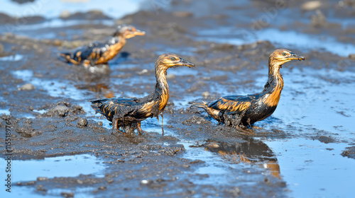 Birds smeared in spilled oil, heavy pollution, endangered wildlife photo