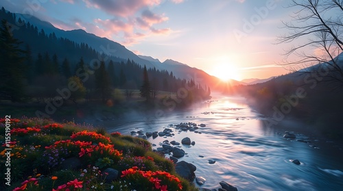 Spring Forest Mountain River in Sunrise