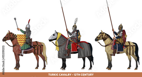 Set of Three Seljuk or Turkic Heavy Cavalrymen or Horsemen From 11th or 12th Century During Crusades, Isolated on Transparent Background, Vector EPS 10