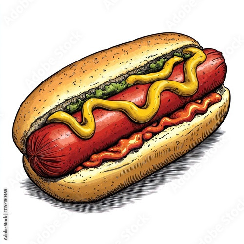 A delicious hot dog in a bun with mustard, ketchup, and relish. photo