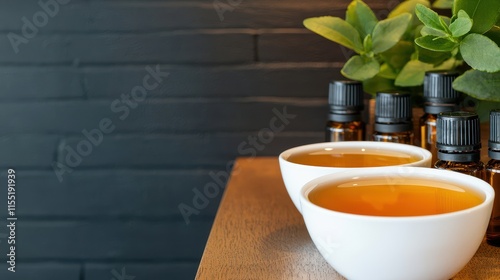 Allergy and Treatment Concept, Refreshing Teas and Essential Oils for Allergy Relief with Greenery Background Display photo