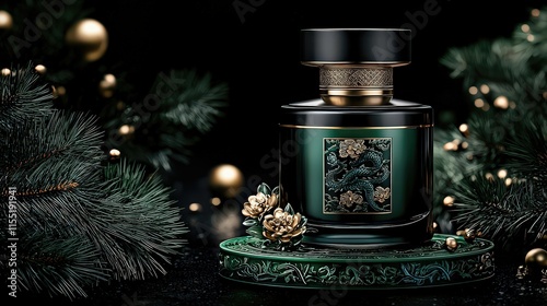 Elegant Glass Bottle of Fragrant Perfume Resting on a Polished Wooden Table Surrounded by Soft Natural Light Creating a Luxurious and Inviting Atmosphere