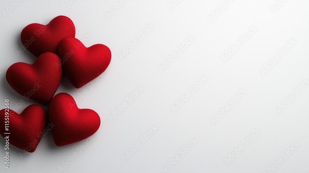 A cluster of red fabric hearts on a plain white background, symbolizing love and affection. A cluster of red fabric hearts on a plain white background, symbolizing love and affection.