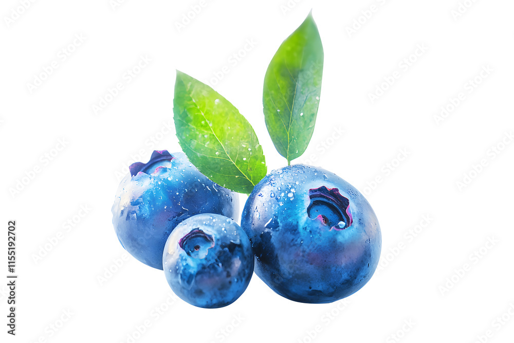 Stack bunches of black blueberry with green leaves isolated on cut out PNG or transparent background. Copy space for text. Realistic fruit clipart pattern. Ideal for themes related to products.