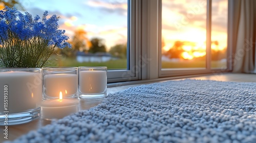 Sunset view, candles, flowers, rug.