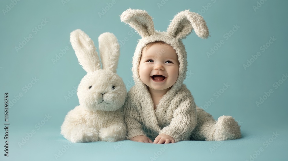 Obraz premium Baby laughing wearing bunny costume with plush bunny toy