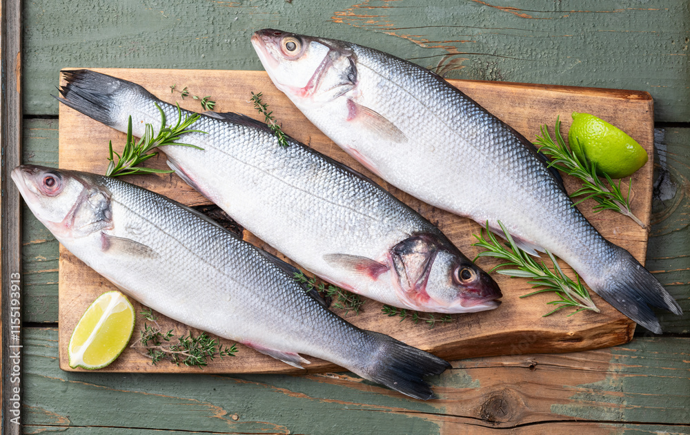 Raw sea bass fish photography . Top view Raw sea bass fish photography . Top view