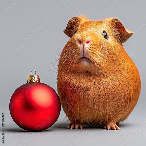 A photostock of a cute guinea pig standing next to a small red Christmas ornament, captured with a festive and charming touch against a light background. High Quality