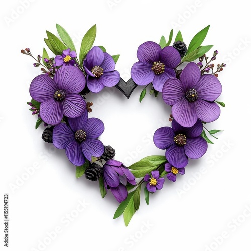 A photostock of a delicate floral heart made of purple flowers, forming a romantic wreath shape with fine botanical details on a white background. High Quality photo