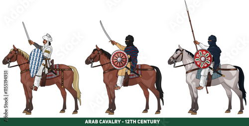 Set of Three Arabian Cavalrymen or Horsemen From 11th or 12th Century During Crusades, Isolated on Transparent Background, Vector EPS 10