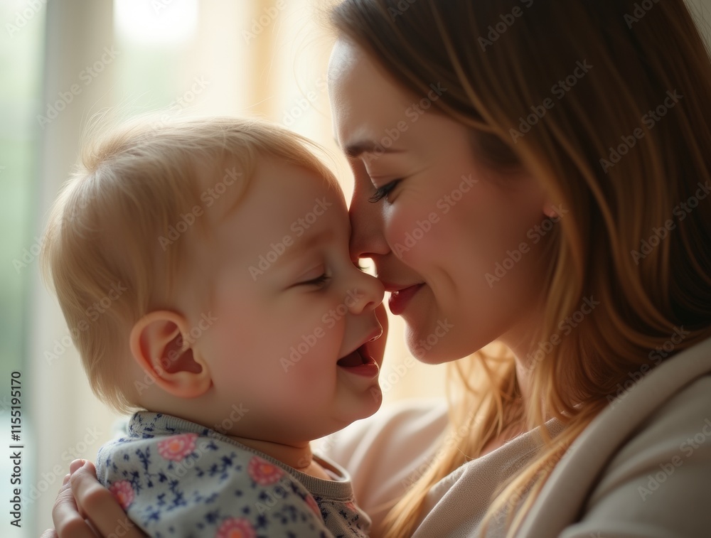 A close-up shot of a mother kissing her child on the forehead, capturing a tender and loving moment in a cozy home setting with soft natural light. A close-up shot of a mother kissing her child on the forehead, capturing a tender and loving moment in a cozy home setting with soft natural light.